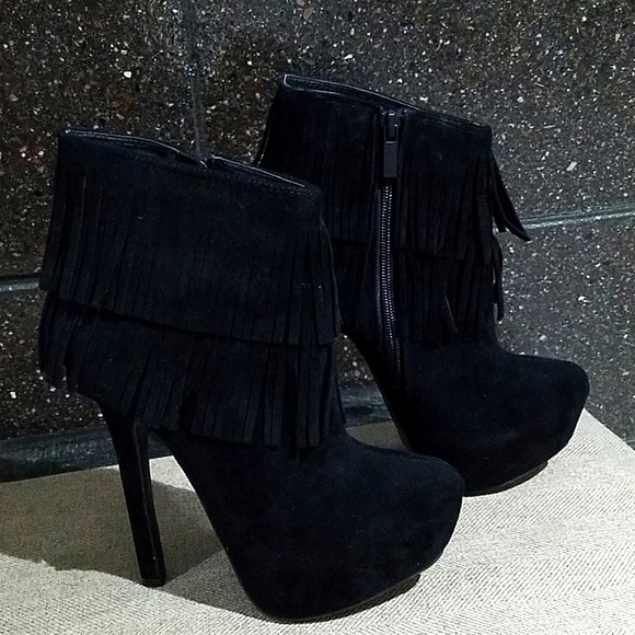 BLACK PLATFORM BOOTIES W FRINGES SUPER HIGH HEELS MOBWIFE CLUBWEAR GOING OUT - Picture 2 of 11